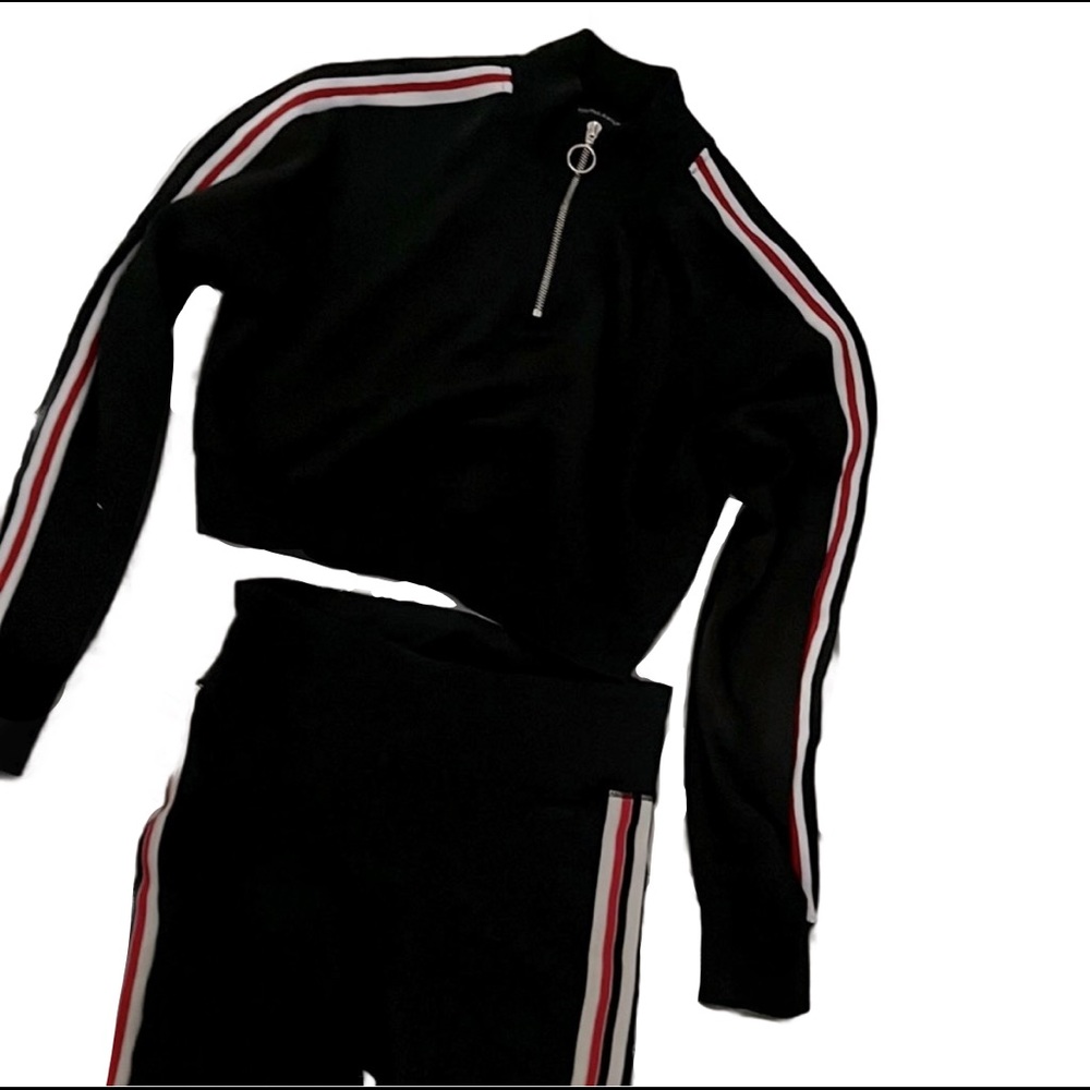 Kendall & Kylie Two-Piece Cropped Black Track/Jumpsuit White & Red Side-Stripes